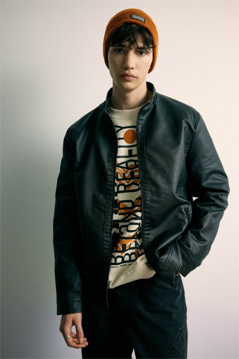 MAN Black Waterproof Regular Fit Stand Collar Faux Leather Jacket