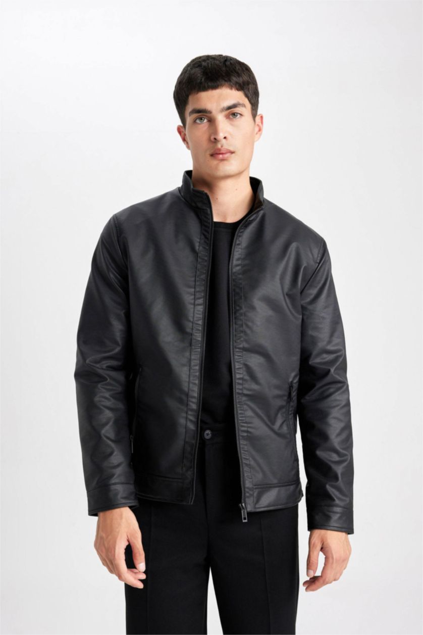 MAN Black Waterproof Regular Fit Stand Collar Faux Leather Jacket