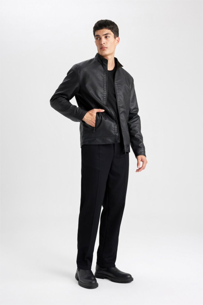 MAN Black Waterproof Regular Fit Stand Collar Faux Leather Jacket