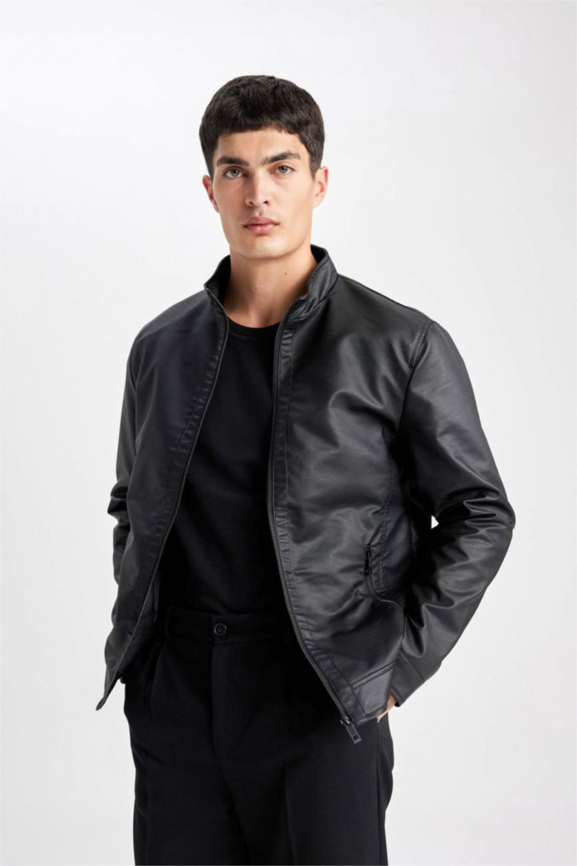 MAN Black Waterproof Regular Fit Stand Collar Faux Leather Jacket