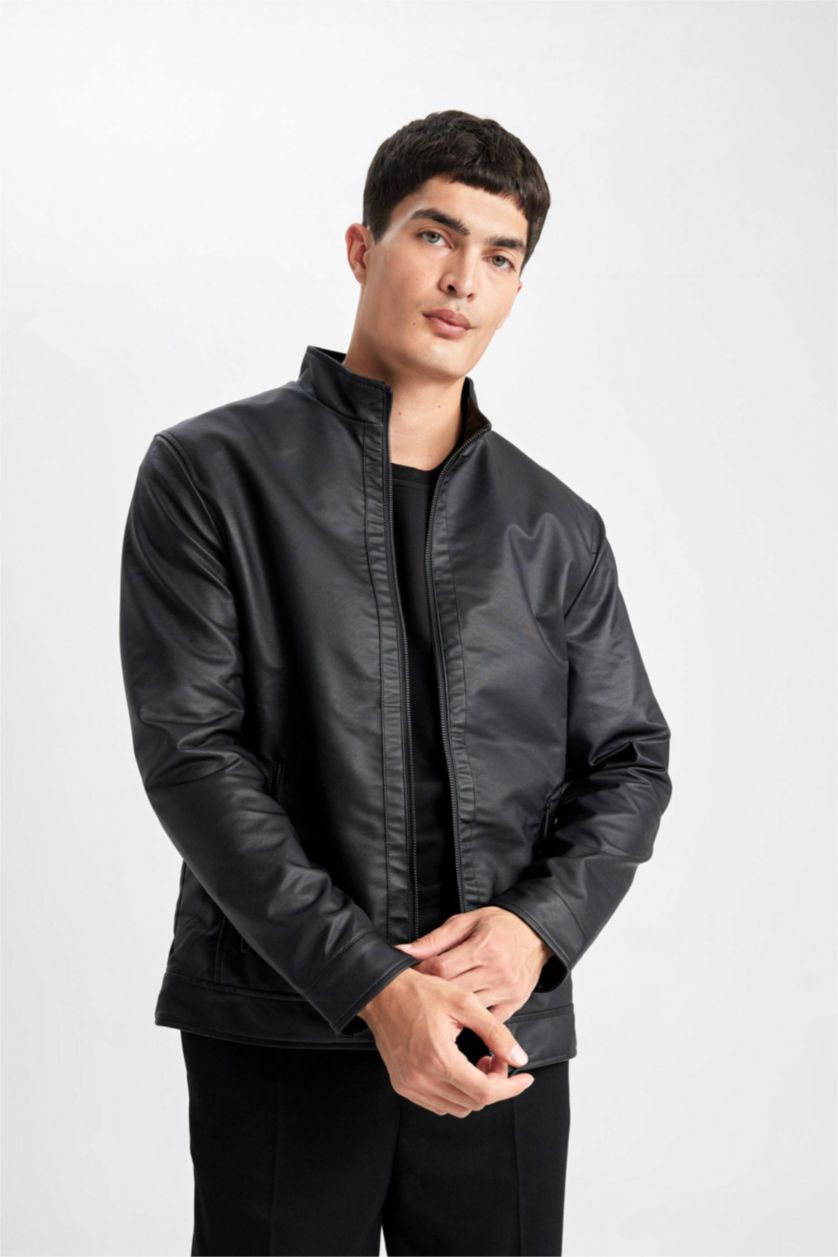 MAN Black Waterproof Regular Fit Stand Collar Faux Leather Jacket