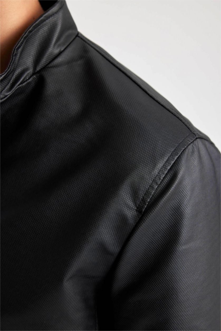 MAN Black Waterproof Regular Fit Stand Collar Faux Leather Jacket
