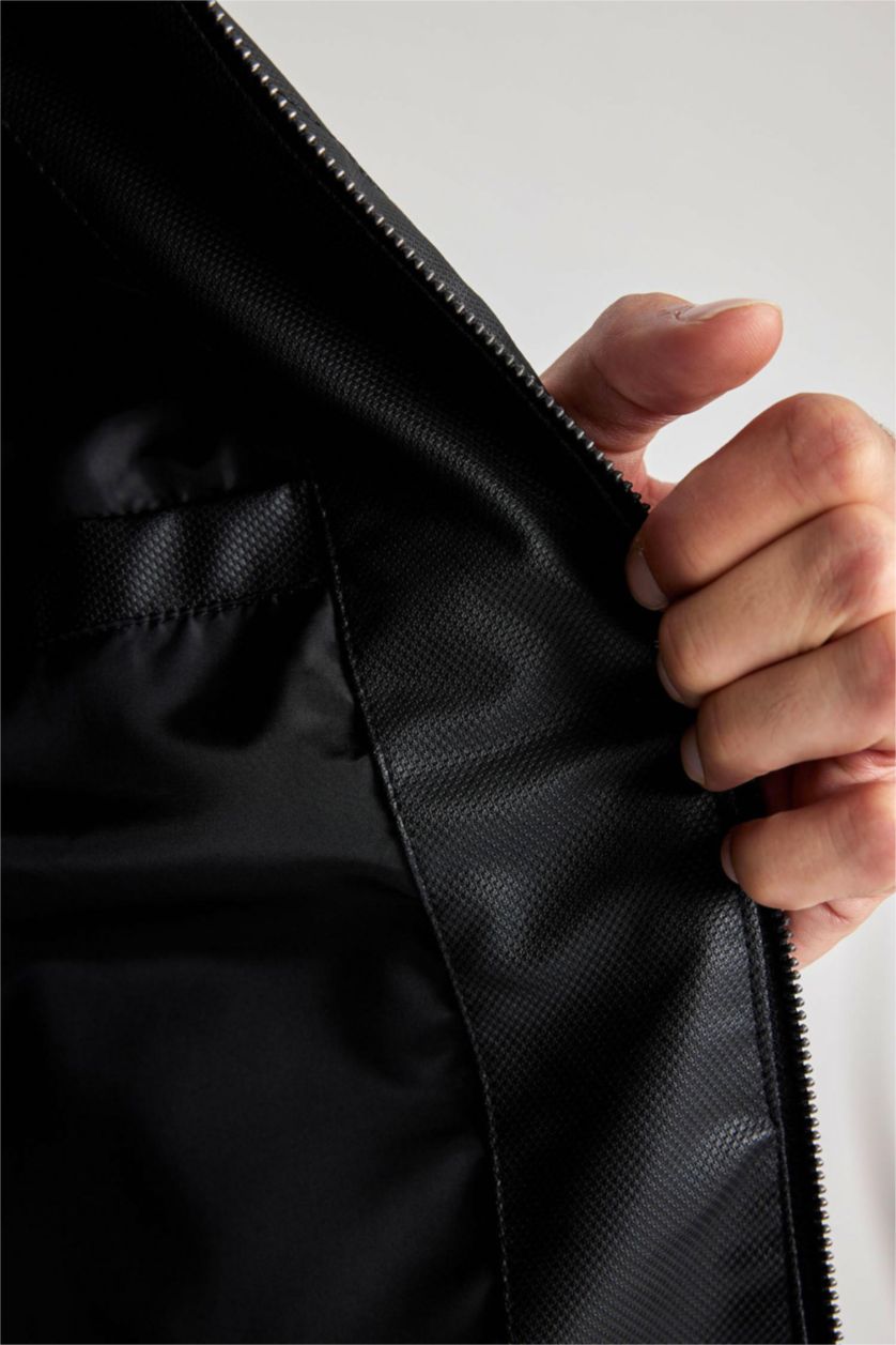 MAN Black Waterproof Regular Fit Stand Collar Faux Leather Jacket