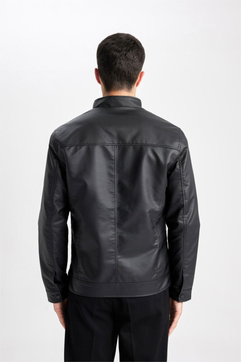 MAN Black Waterproof Regular Fit Stand Collar Faux Leather Jacket