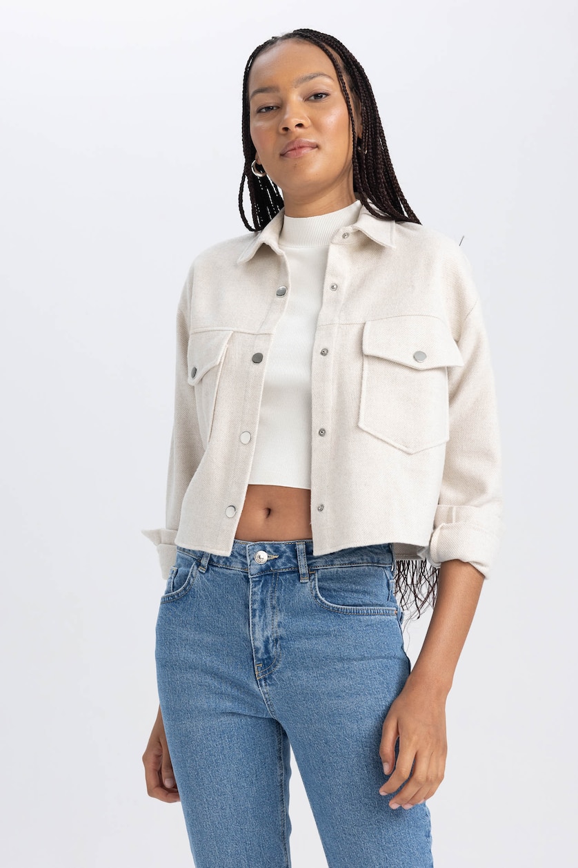 Woman Light Beige Regular Fit Flanel Long Sleeve Shirt