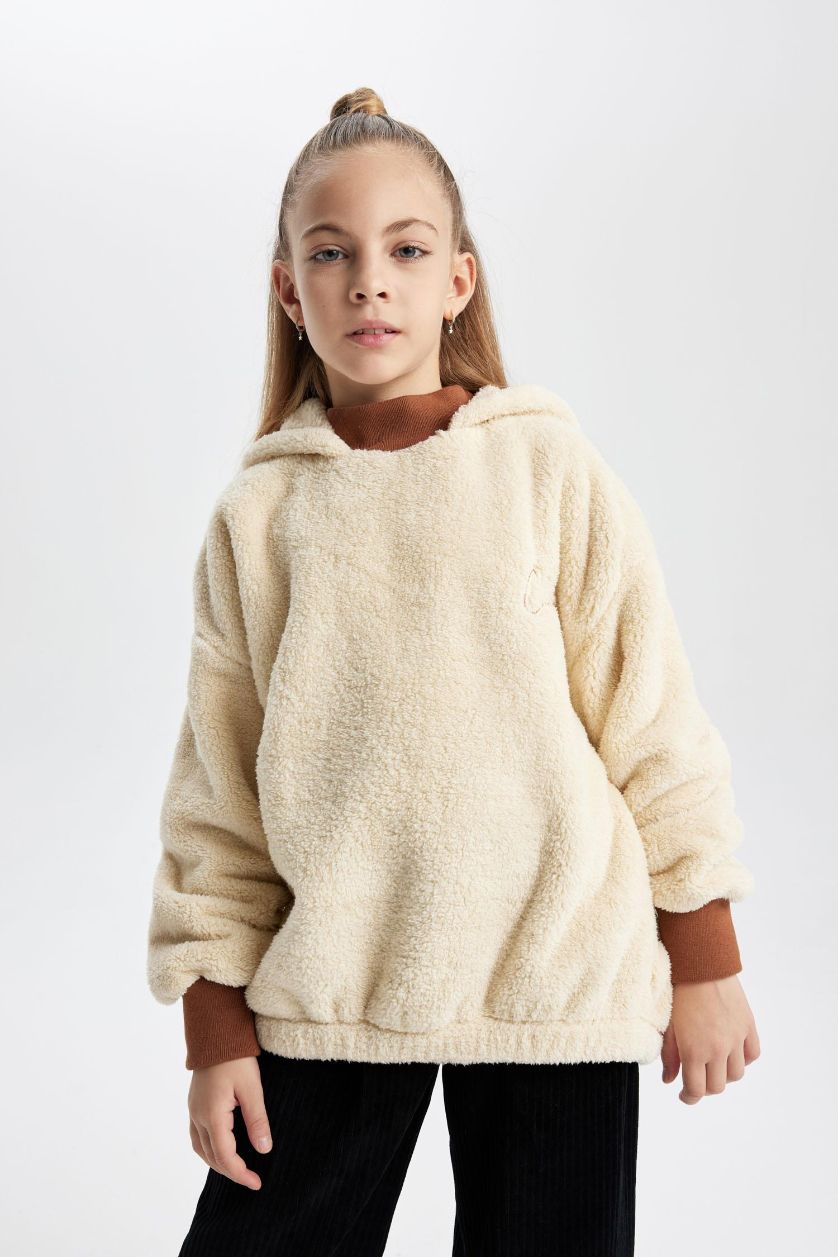 بناتي اللون الرملي سويت شيرت بناتي قطيفة اوفر سايز