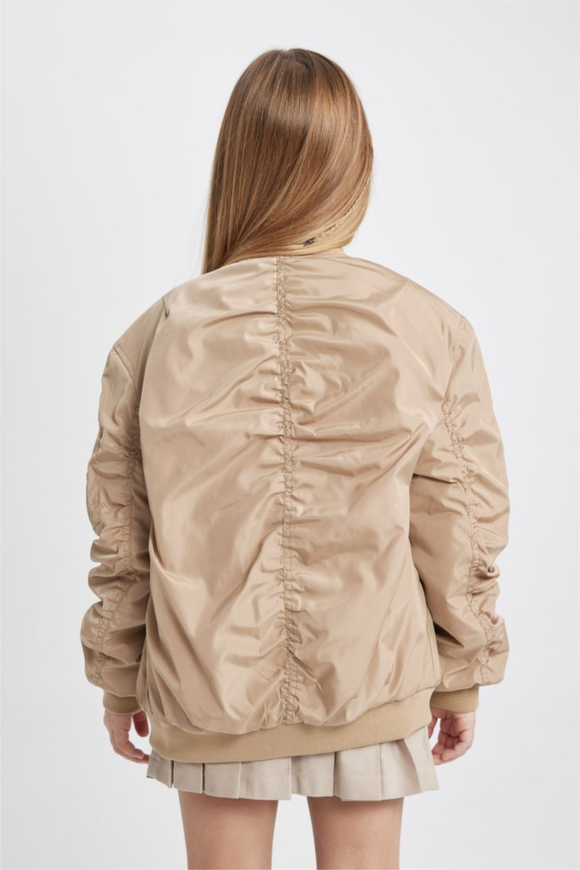 Kız Çocuk - Genç Kız Kum Su Geçirmez Kolej Yaka Fermuarlı Çift Cepli Mevsimlik Hafif Bomber Mont Ceket Kız Çocuk