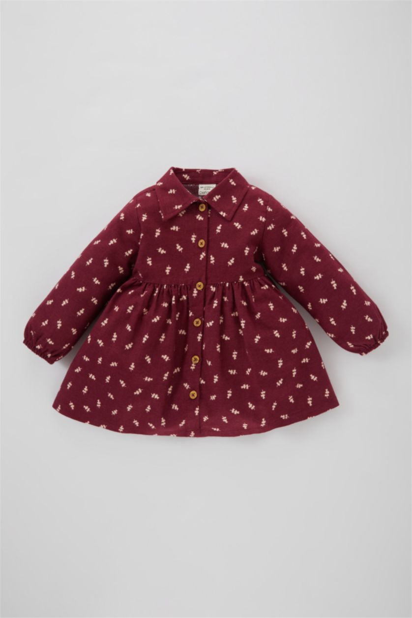 Baby Girl Bordeaux Regular Fit Flower Long Sleeve Woven Dress