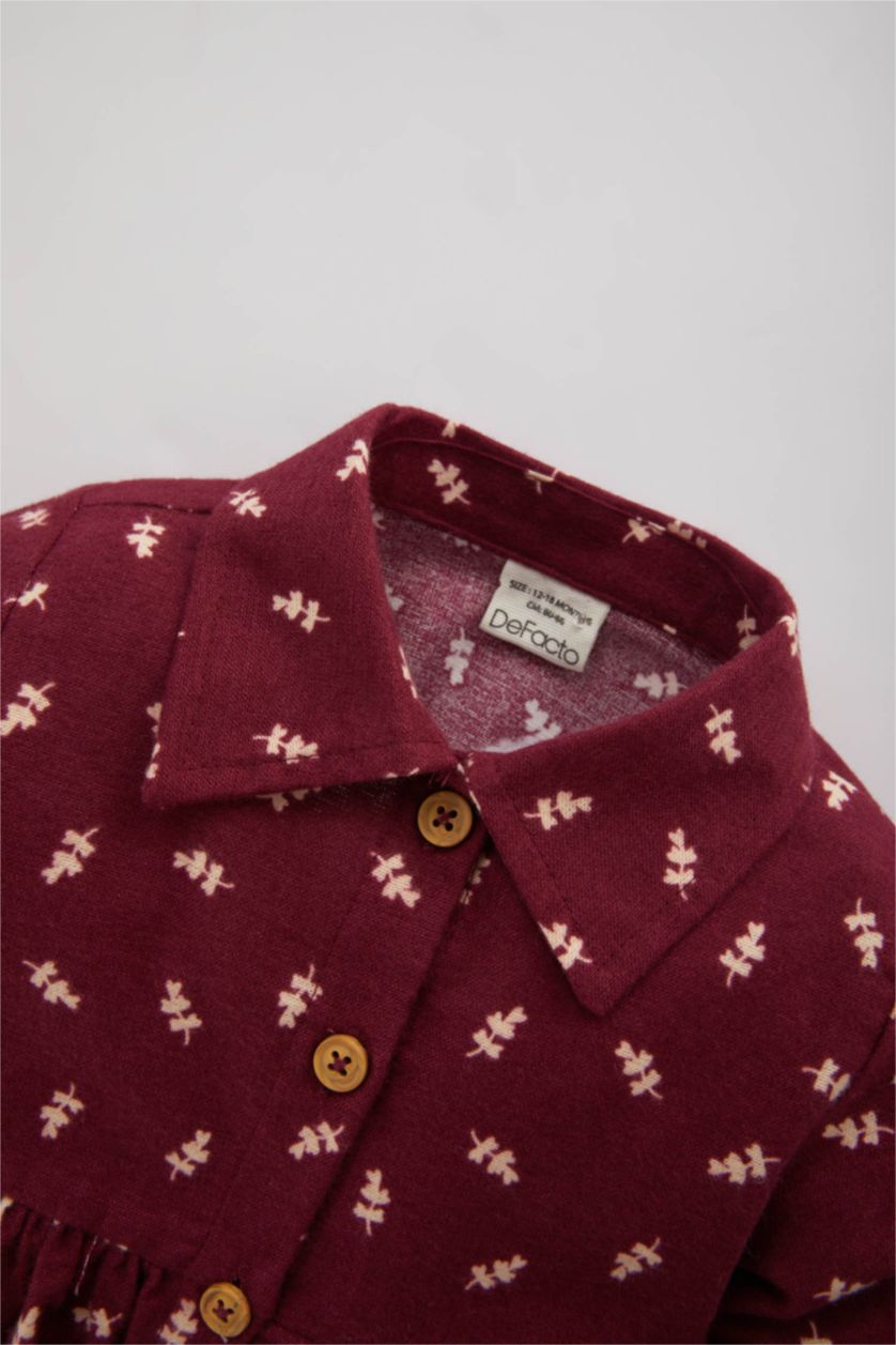 Baby Girl Bordeaux Regular Fit Flower Long Sleeve Woven Dress