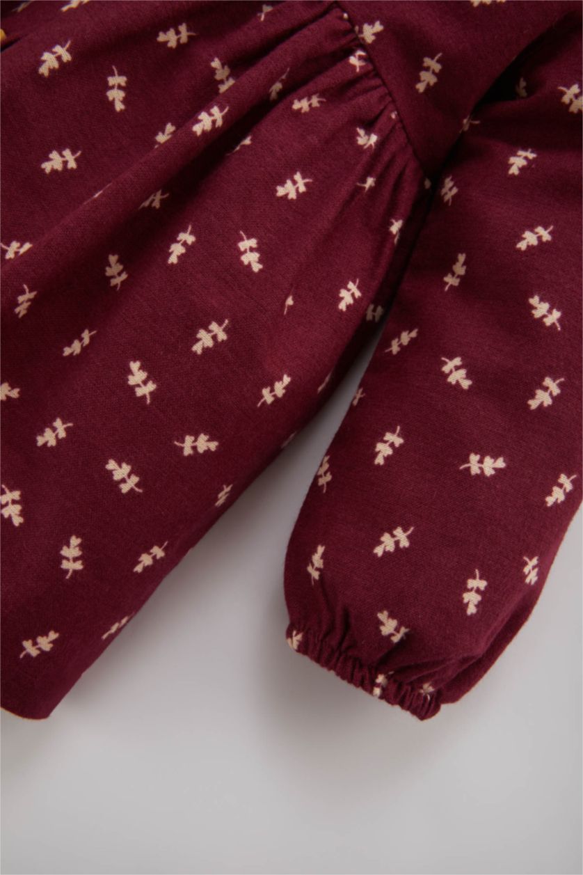 Baby Girl Bordeaux Regular Fit Flower Long Sleeve Woven Dress