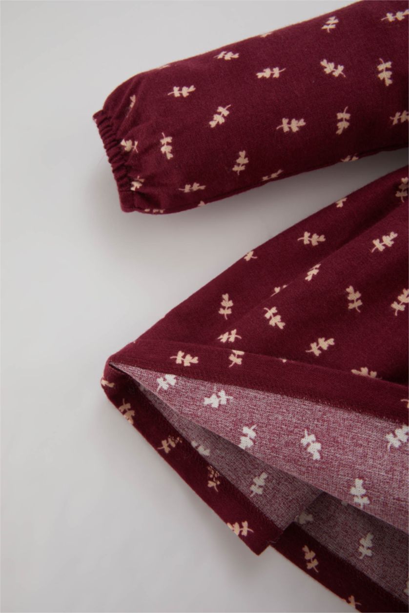 Baby Girl Bordeaux Regular Fit Flower Long Sleeve Woven Dress