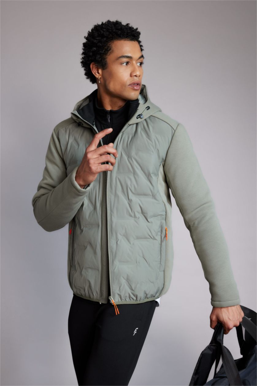 Men Khaki Zipper Puffer Jacket