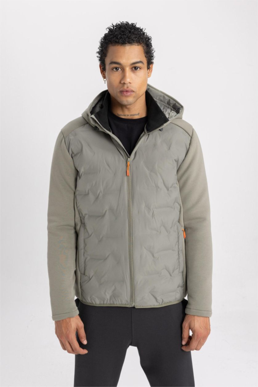 Men Khaki Zipper Puffer Jacket