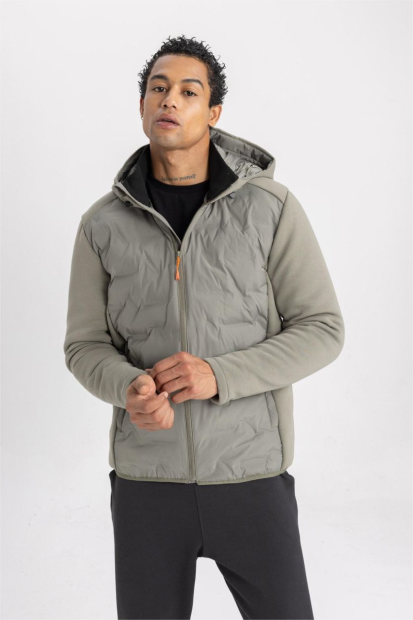 Men Khaki Zipper Puffer Jacket