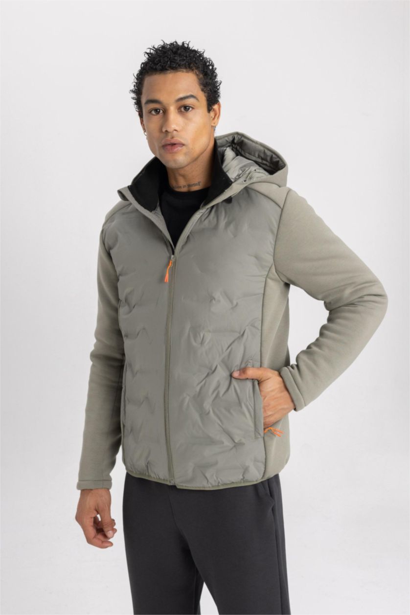 Men Khaki Zipper Puffer Jacket