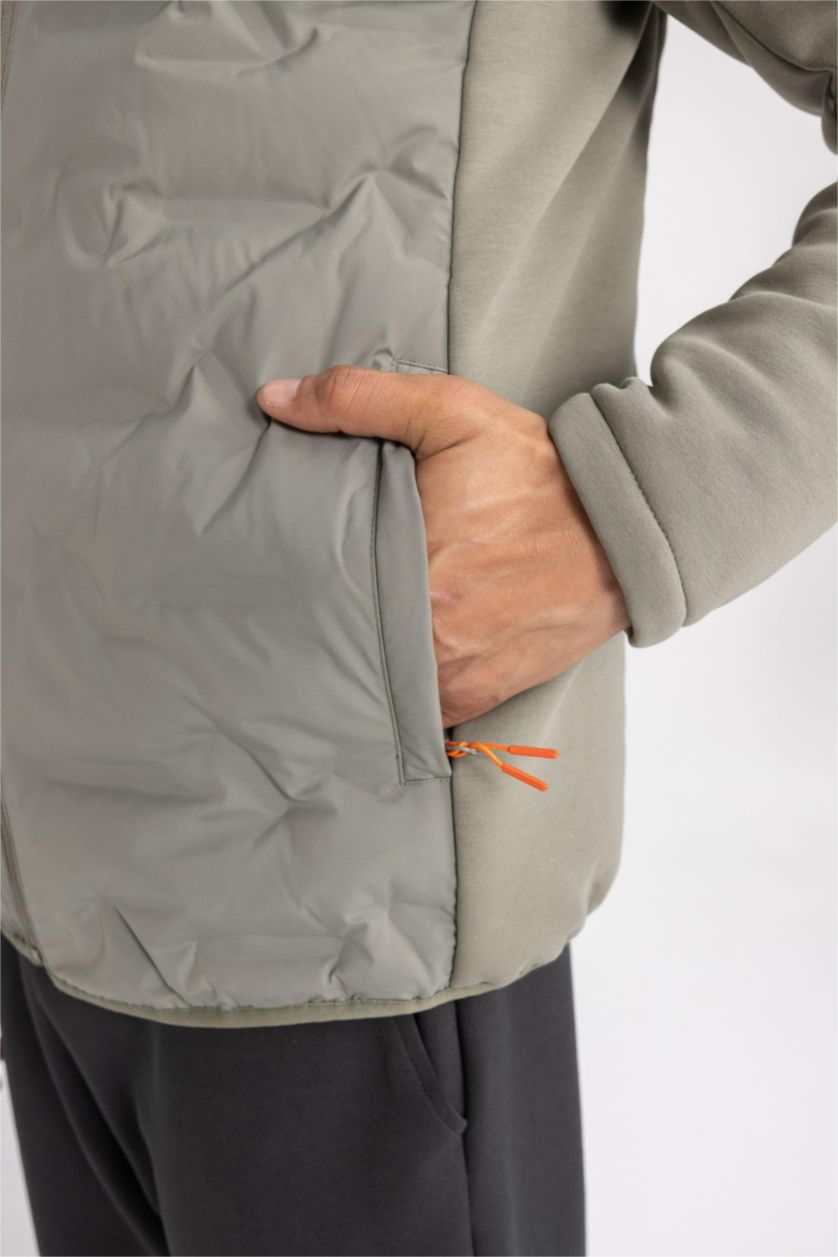 Men Khaki Zipper Puffer Jacket