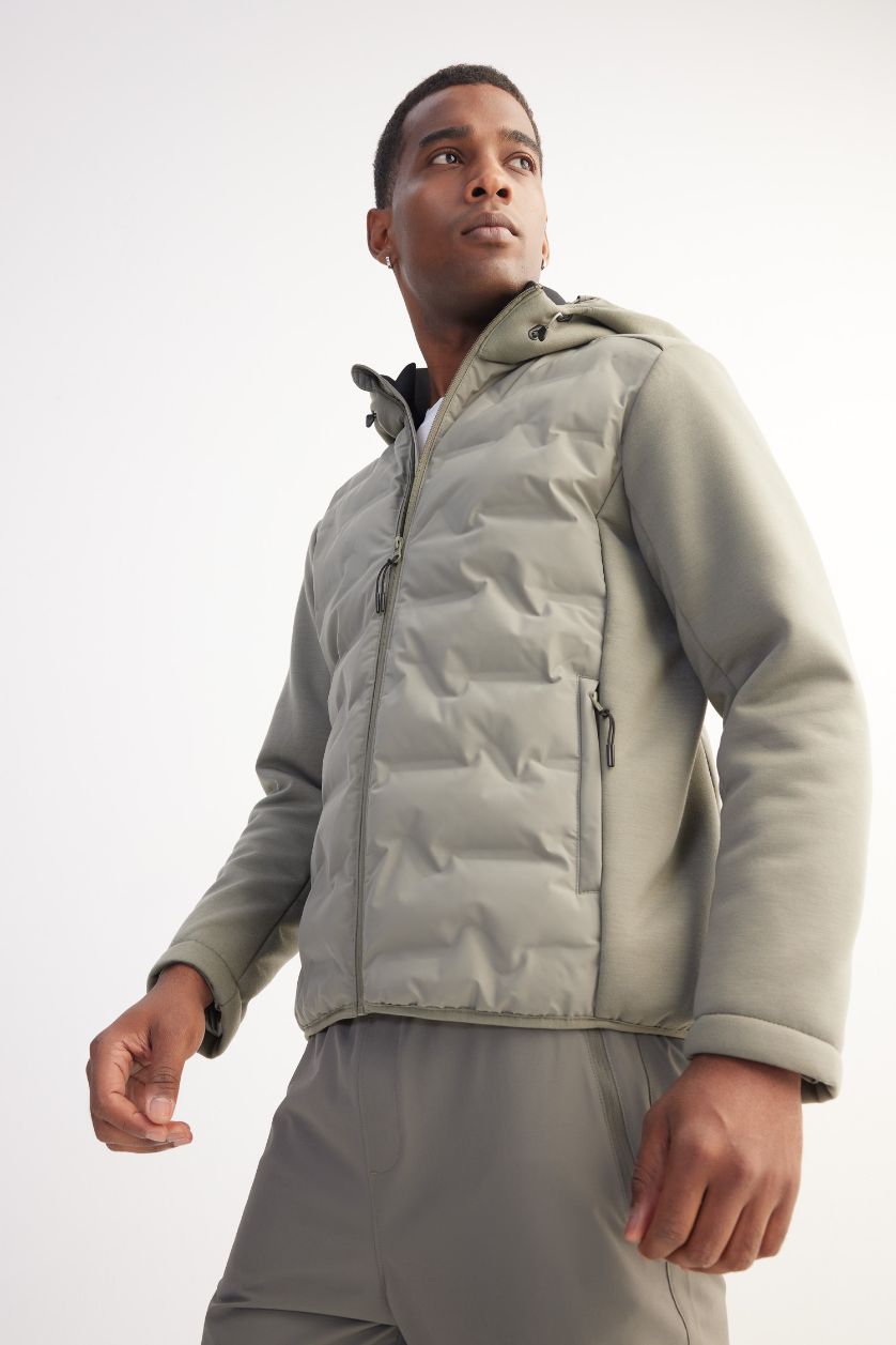 Erkek Haki Slim Fit  Dar Kesim Kapüşonlu Rüzgar Geçirmez Fermuarlı Cepli Mevsimlik Mont