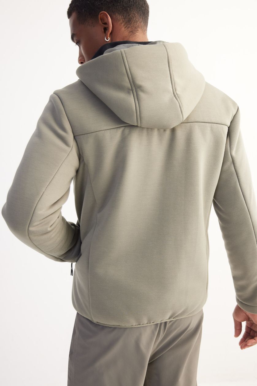 Erkek Haki Slim Fit  Dar Kesim Kapüşonlu Rüzgar Geçirmez Fermuarlı Cepli Mevsimlik Mont