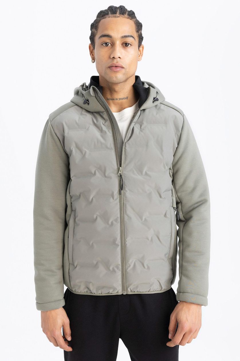 Erkek Haki Slim Fit  Dar Kesim Kapüşonlu Rüzgar Geçirmez Fermuarlı Cepli Mevsimlik Mont