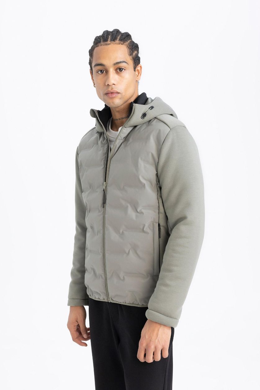 Erkek Haki Slim Fit  Dar Kesim Kapüşonlu Rüzgar Geçirmez Fermuarlı Cepli Mevsimlik Mont
