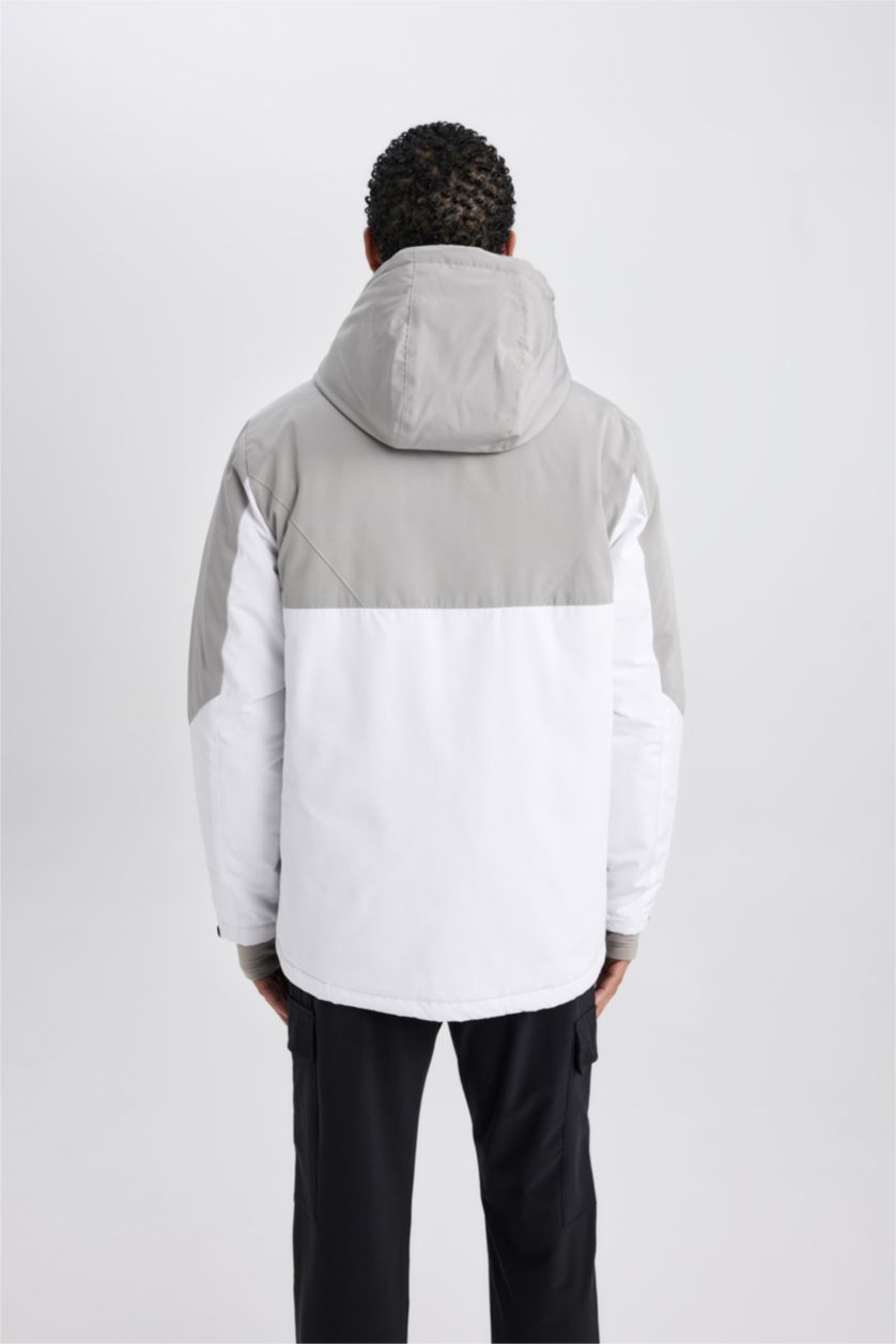 Erkek Gri Mont Su İtici Rüzgar Geçirmez Slim Fit Dar Kesim Kapüşonlu Fermuarlı Cepli Ribana