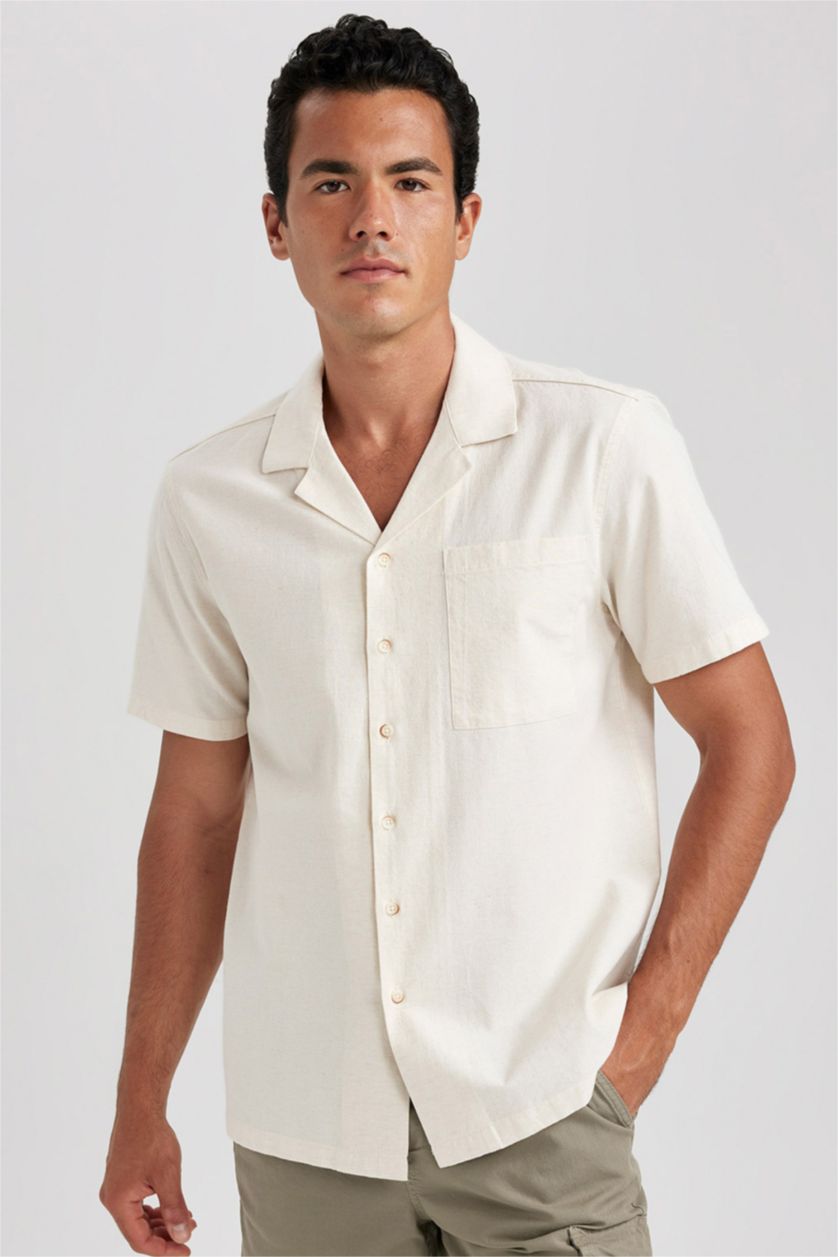 HOMME Beige Chemise Coton Coupe Régulière à Manches Courtes