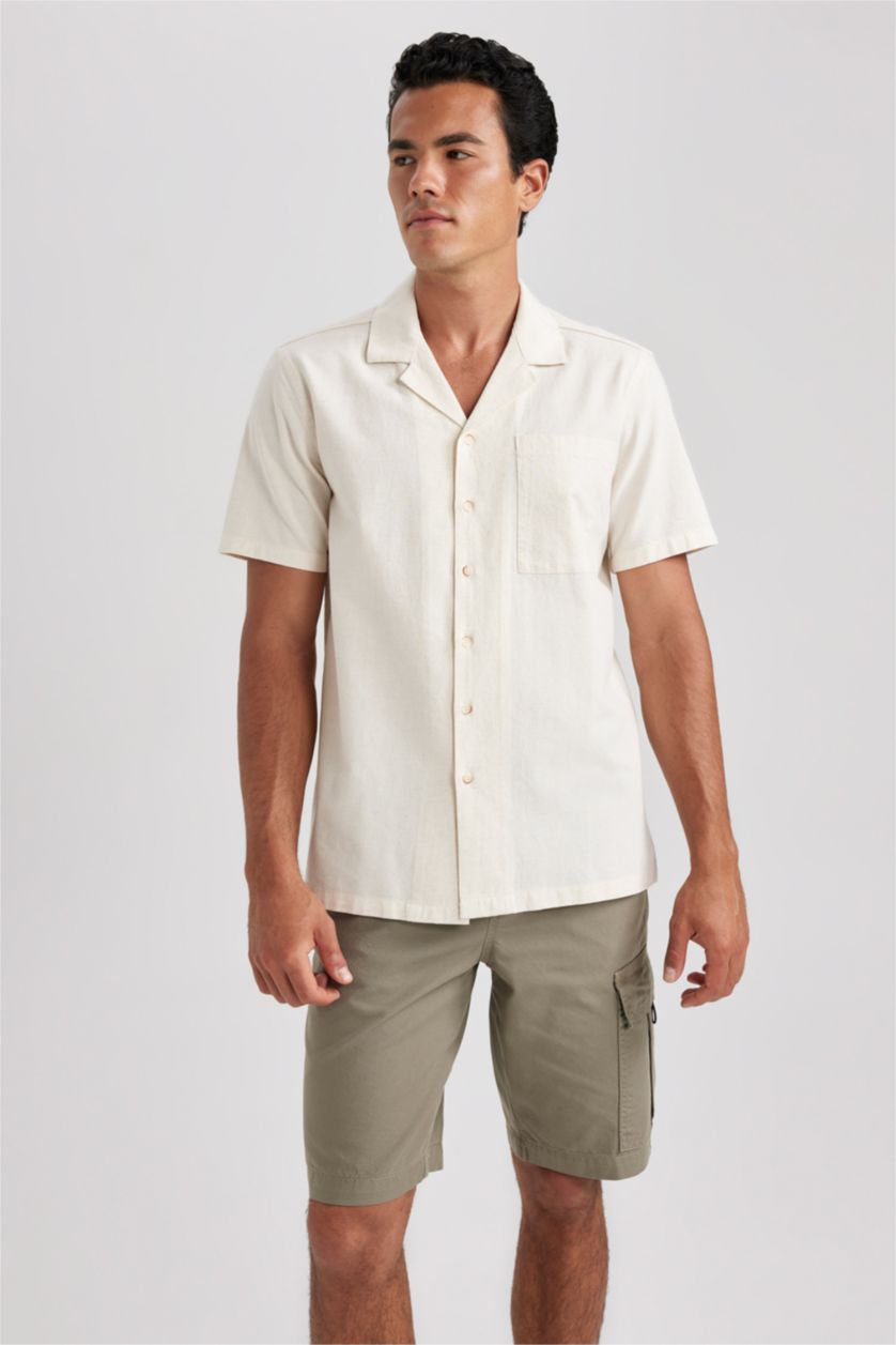 HOMME Beige Chemise Coton Coupe Régulière à Manches Courtes