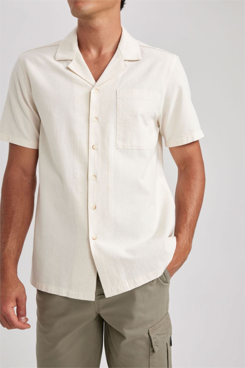 HOMME Beige Chemise Coton Coupe Régulière à Manches Courtes