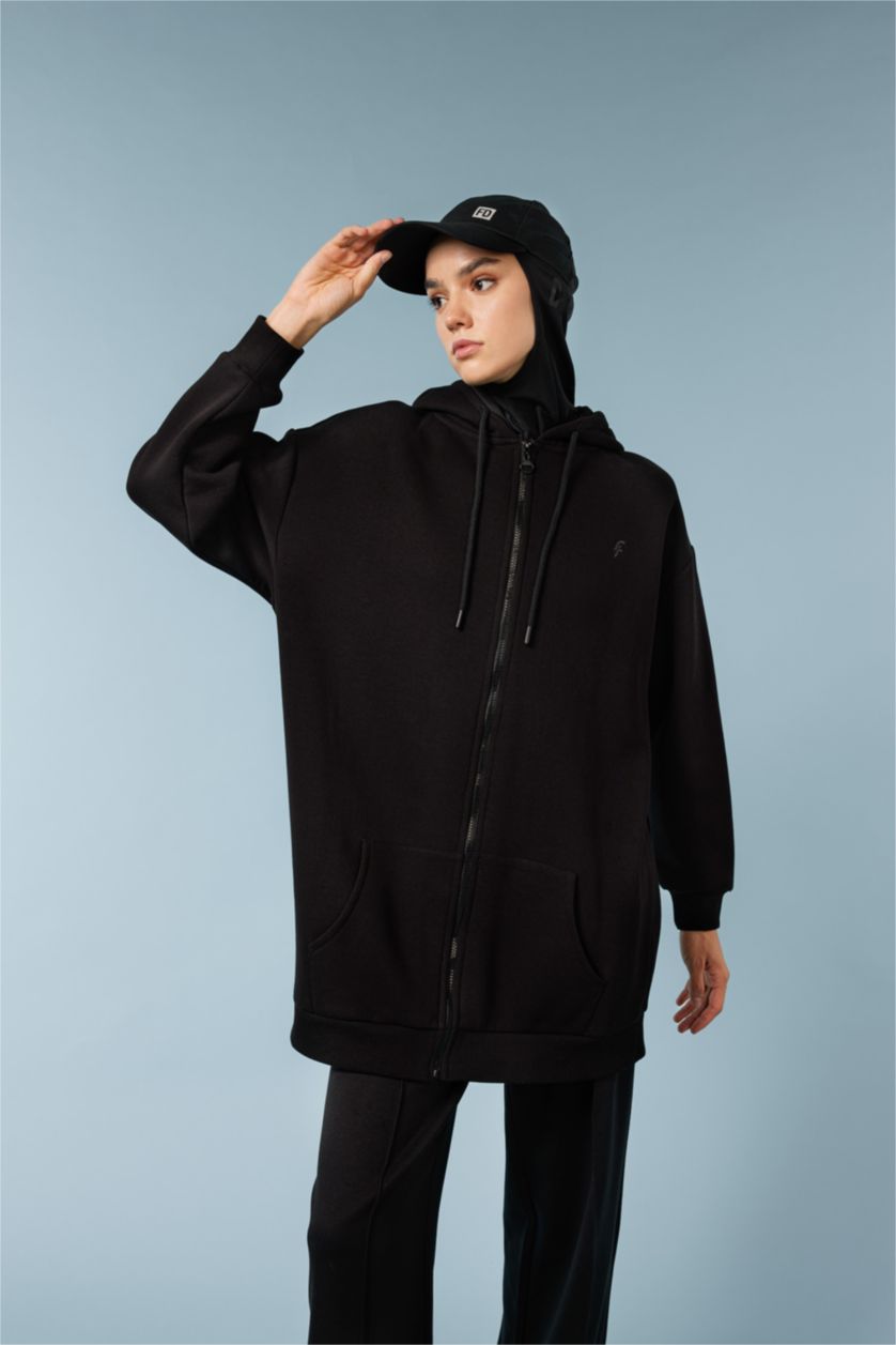 WOMAN Black Long Fit Thick Sweatshirt Fabric Cardigan