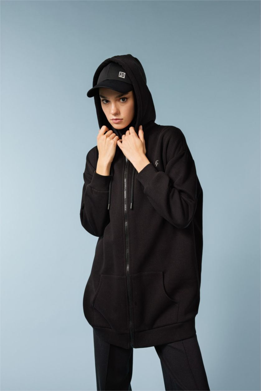 WOMAN Black Long Fit Thick Sweatshirt Fabric Cardigan