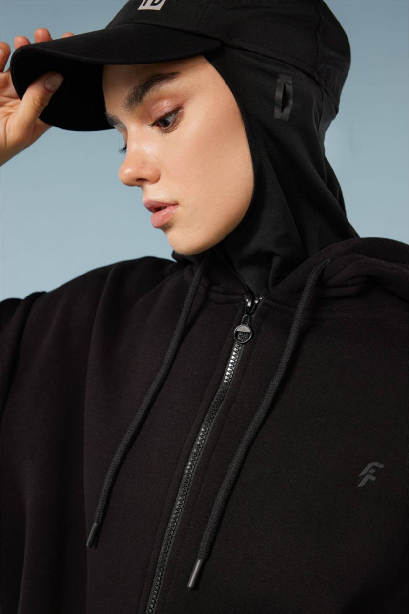 WOMAN Black Long Fit Thick Sweatshirt Fabric Cardigan
