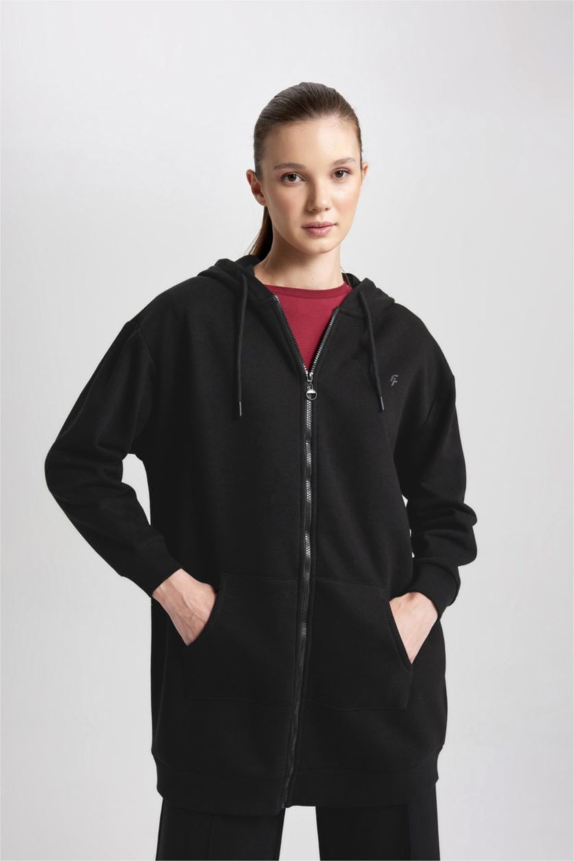 WOMAN Black Long Fit Thick Sweatshirt Fabric Cardigan