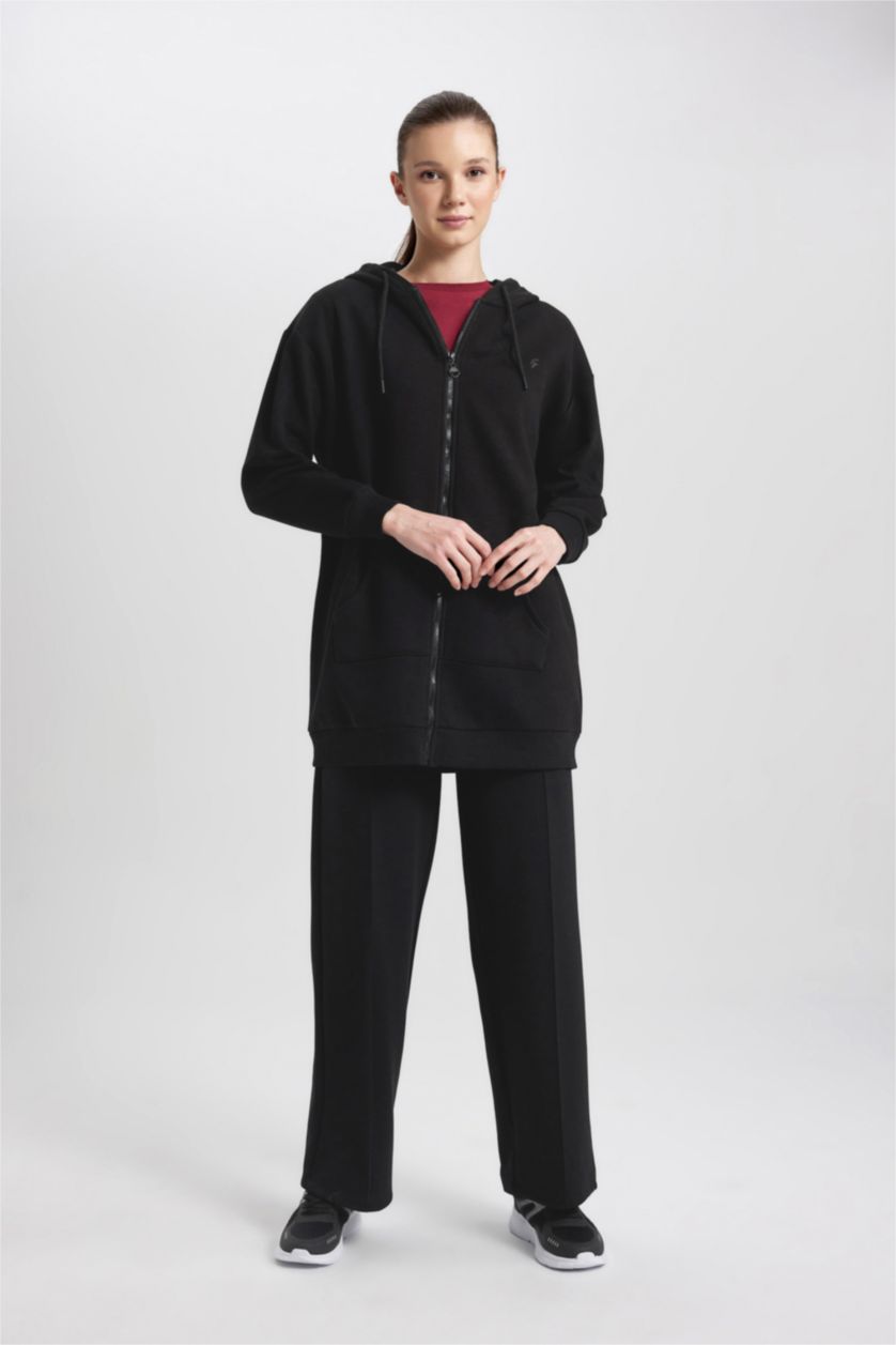 WOMAN Black Long Fit Thick Sweatshirt Fabric Cardigan