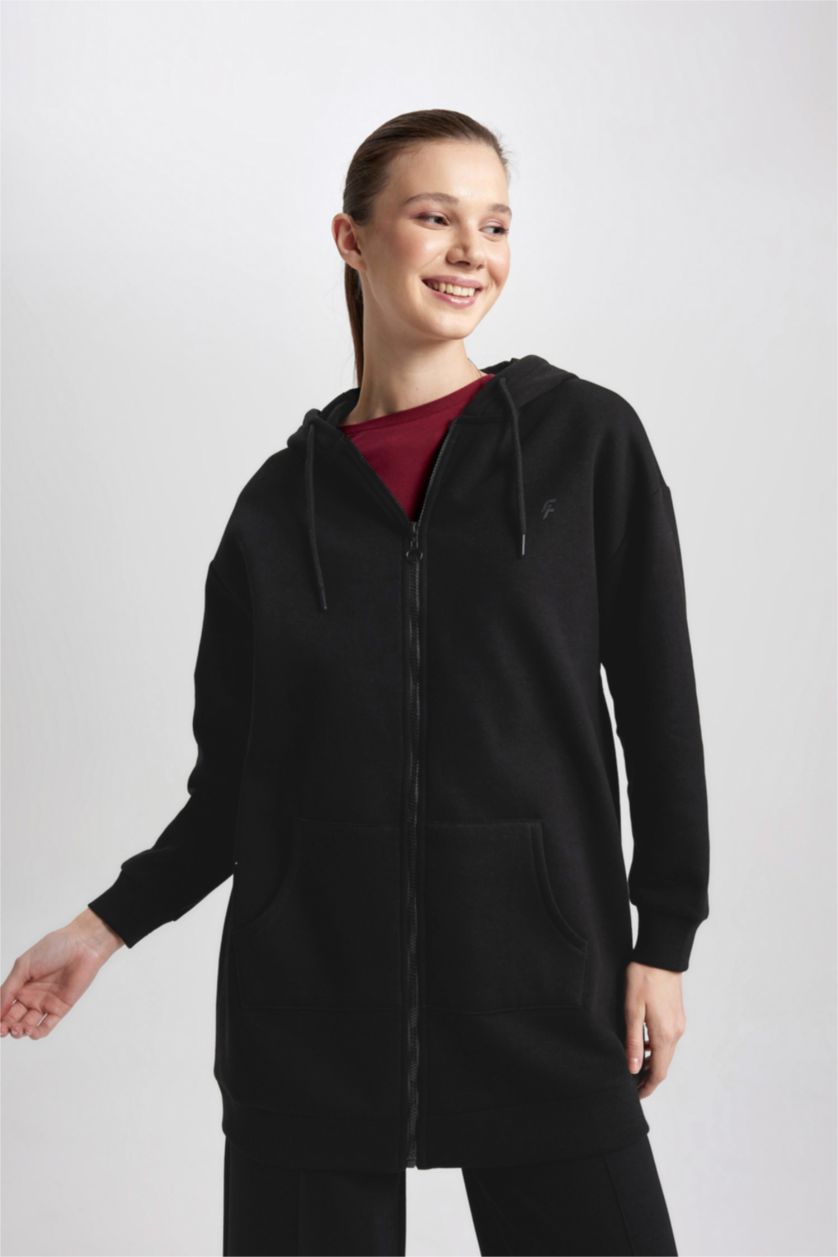 WOMAN Black Long Fit Thick Sweatshirt Fabric Cardigan