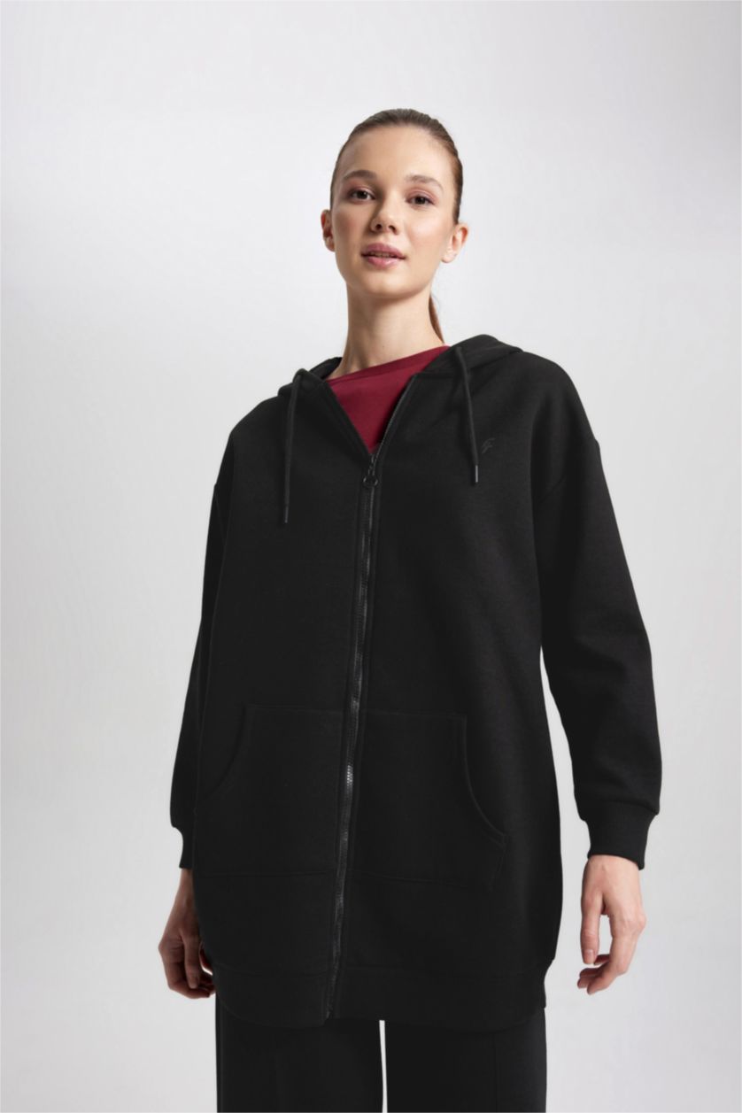 WOMAN Black Long Fit Thick Sweatshirt Fabric Cardigan