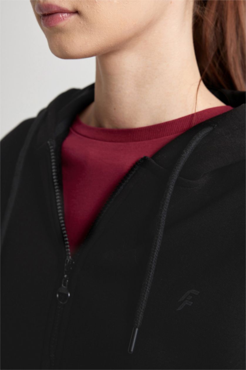 WOMAN Black Long Fit Thick Sweatshirt Fabric Cardigan