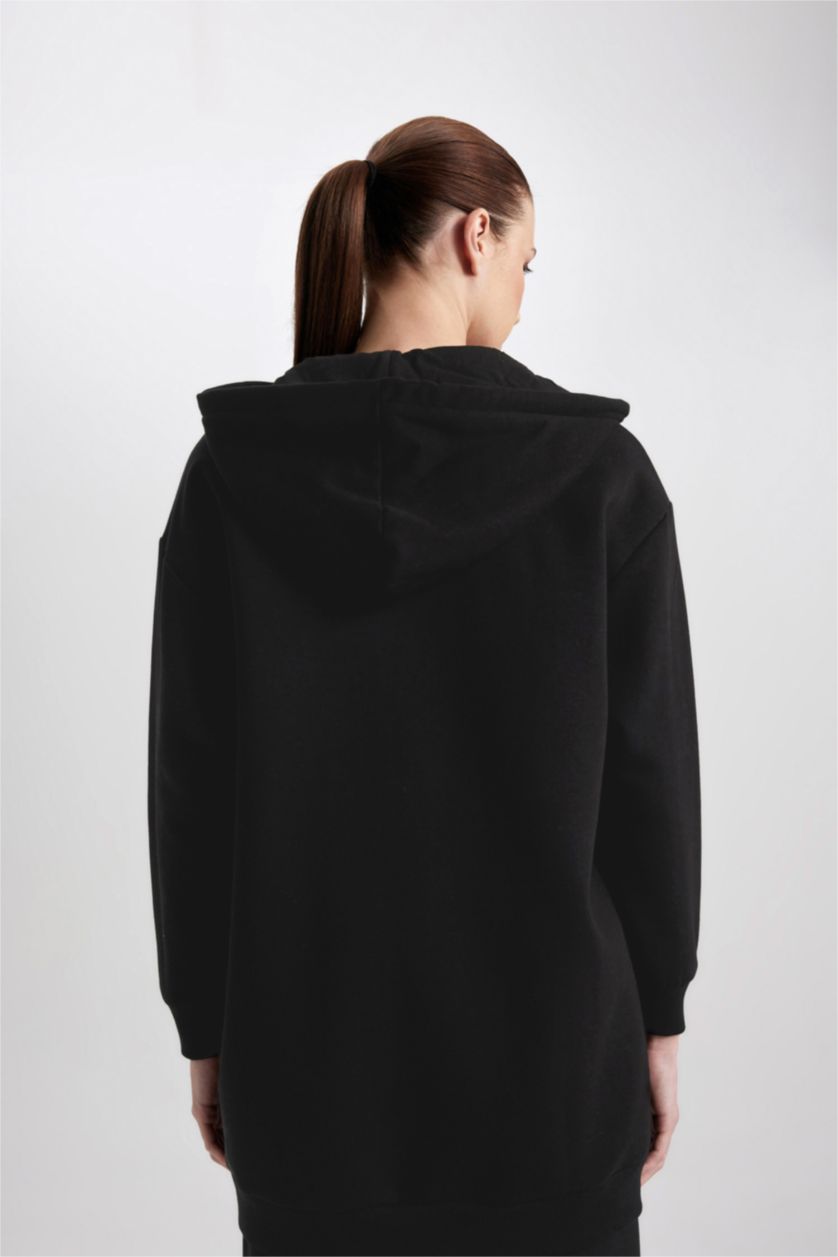 WOMAN Black Long Fit Thick Sweatshirt Fabric Cardigan