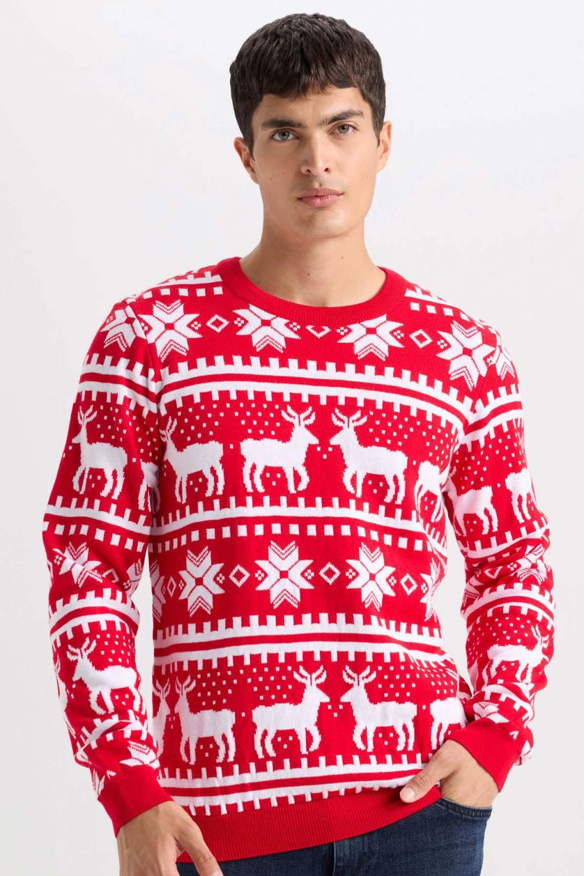 Erkek Kırmızı Kırmızı Standart Fit Yılbaşı Temalı Bisiklet Yaka Triko Kazak