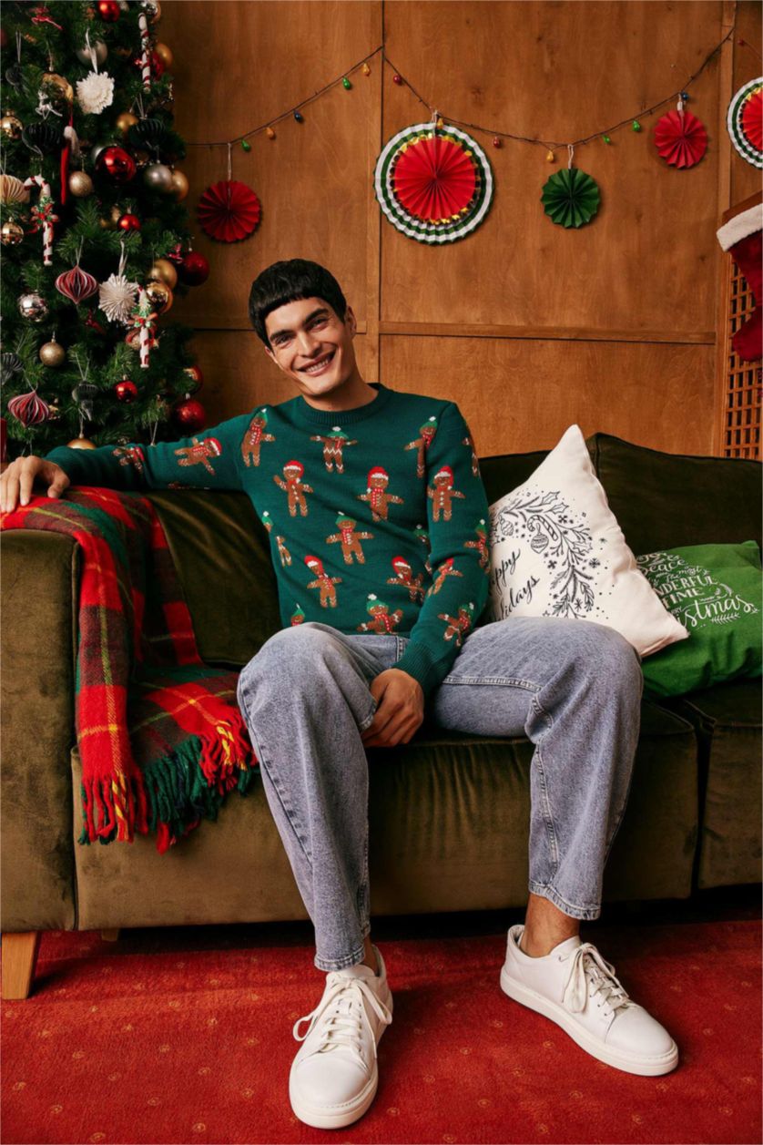 رجالي أخضر غامق بلوفر تريكو قصة عادية بطبعة كريسماس