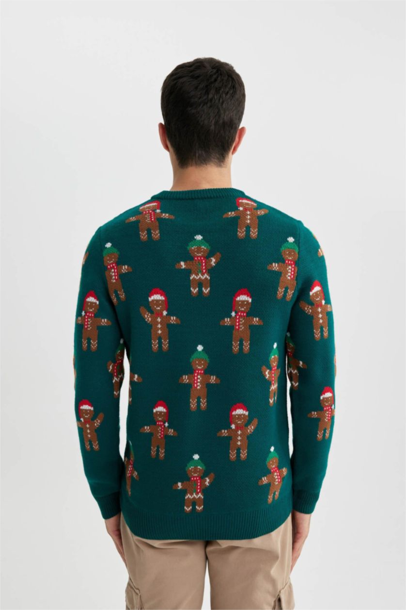 رجالي أخضر غامق بلوفر تريكو قصة عادية بطبعة كريسماس