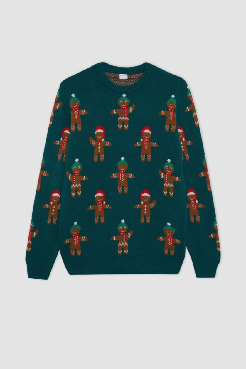 رجالي أخضر غامق بلوفر تريكو قصة عادية بطبعة كريسماس