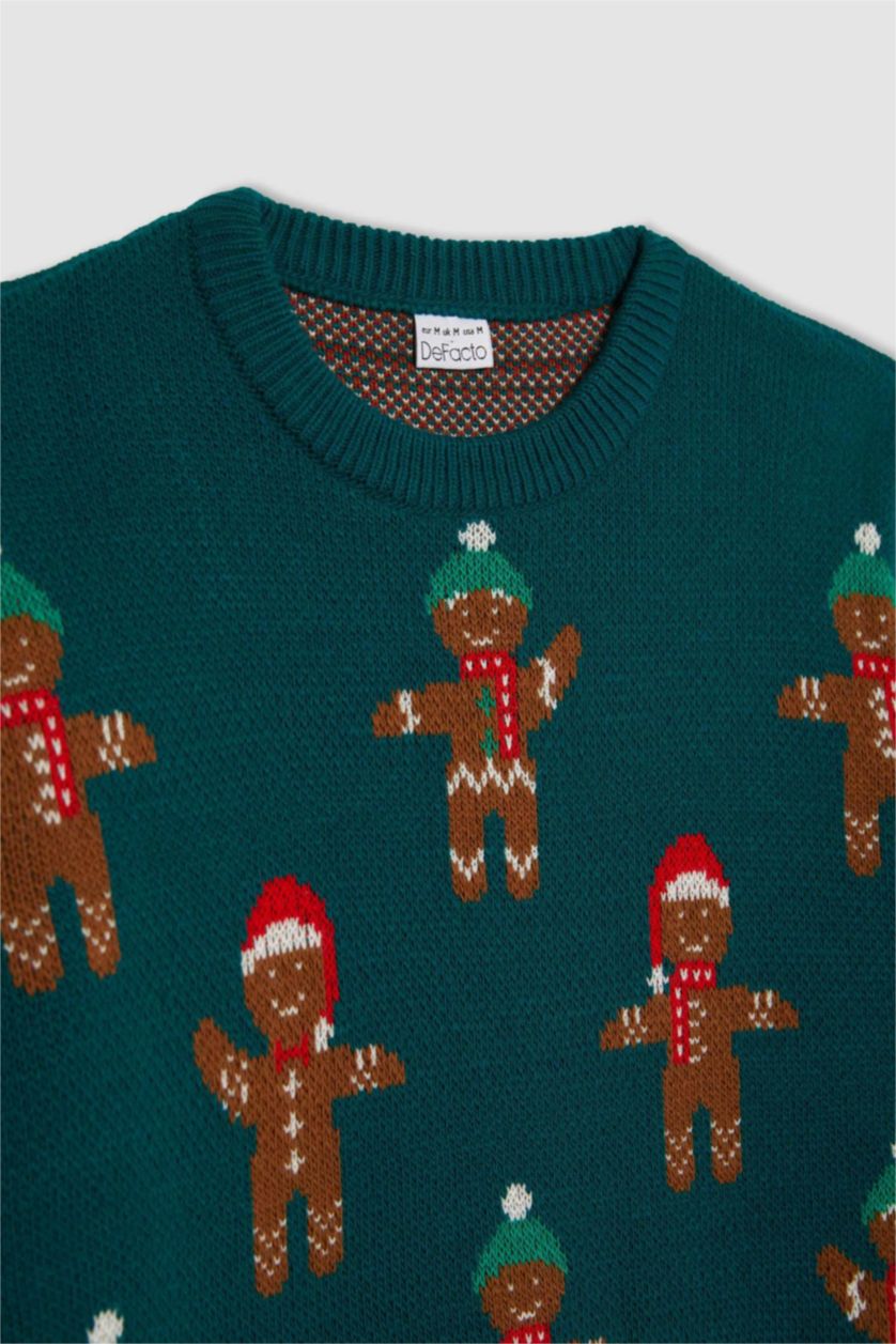رجالي أخضر غامق بلوفر تريكو قصة عادية بطبعة كريسماس