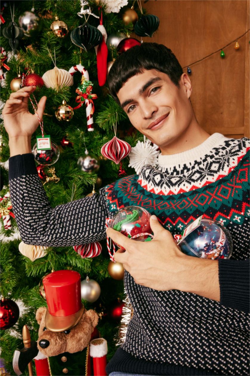 رجالي كحلي بلوفر تريكو قصة عادية بطبعة كريسماس