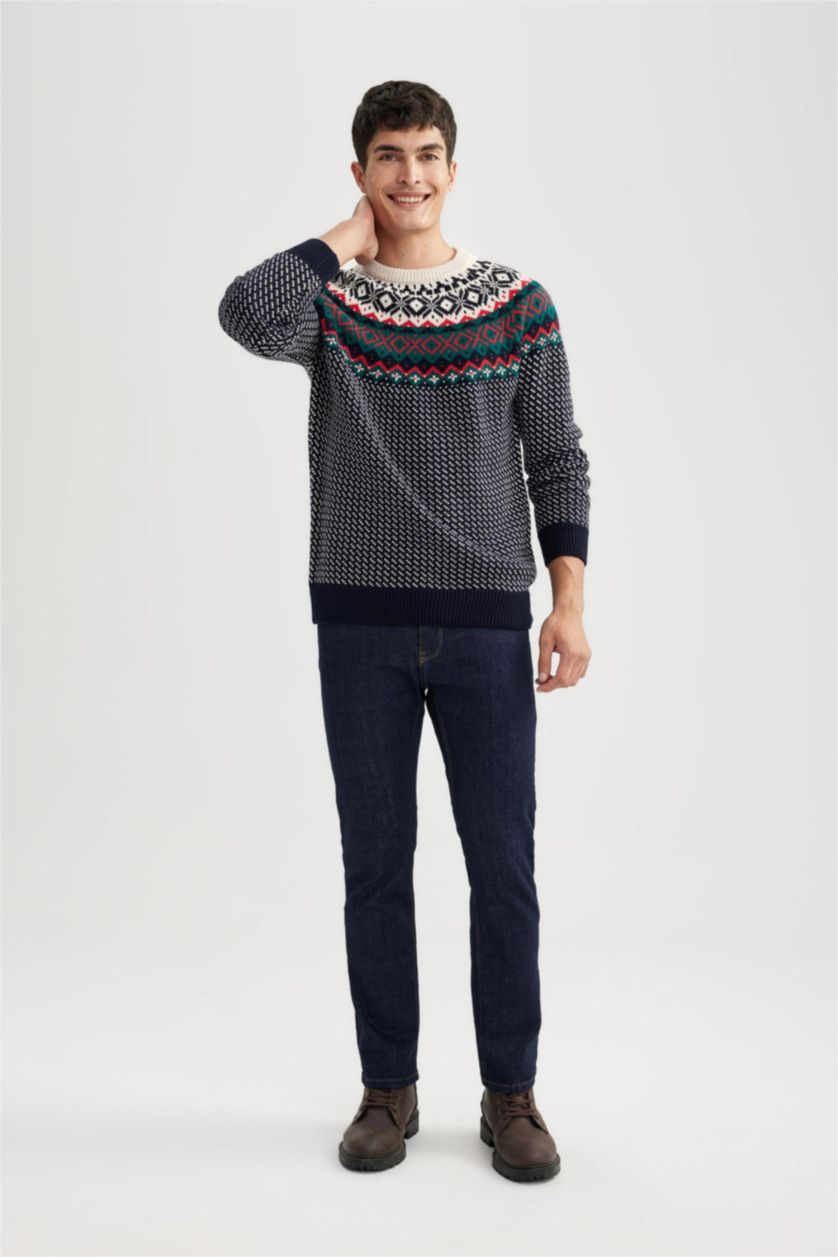 رجالي كحلي بلوفر تريكو قصة عادية بطبعة كريسماس