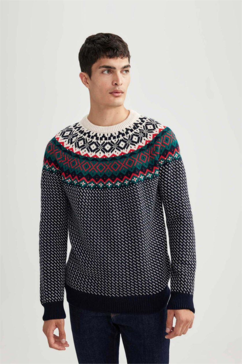 رجالي كحلي بلوفر تريكو قصة عادية بطبعة كريسماس