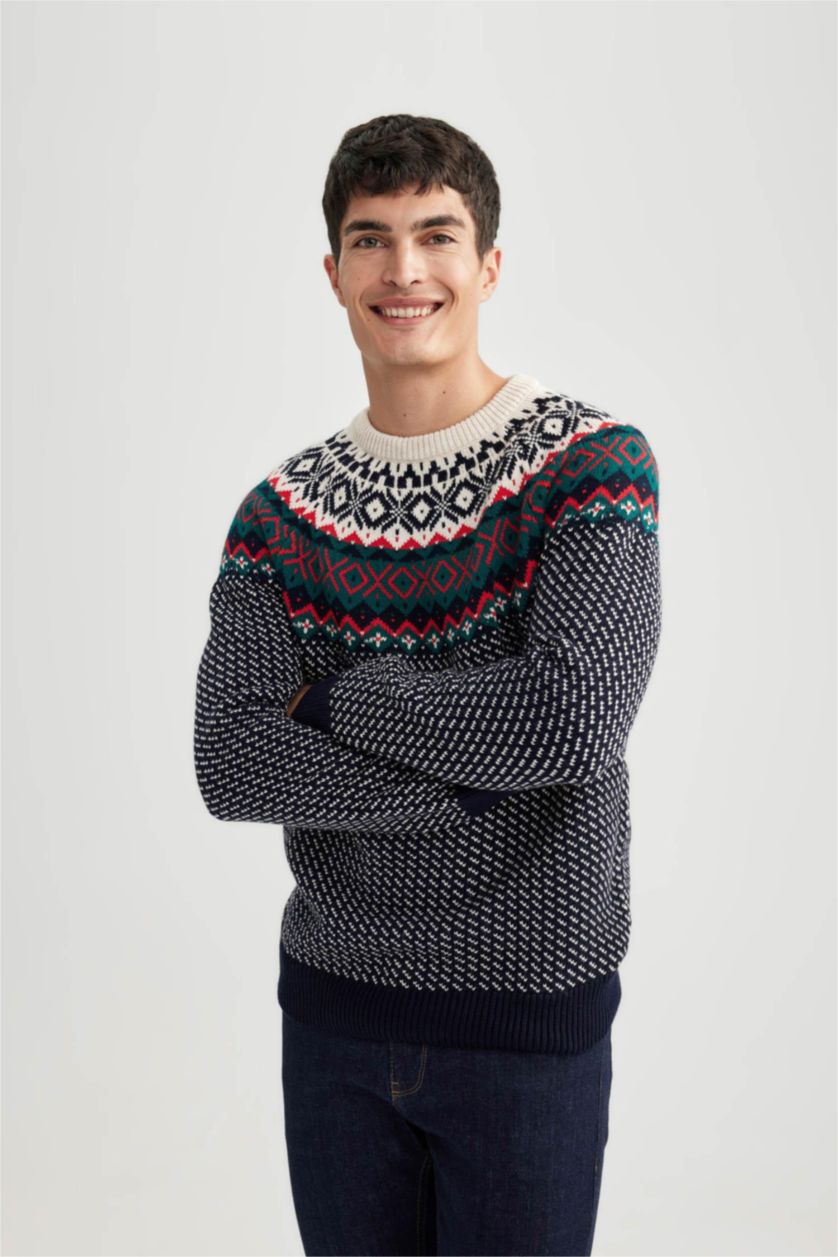 رجالي كحلي بلوفر تريكو قصة عادية بطبعة كريسماس