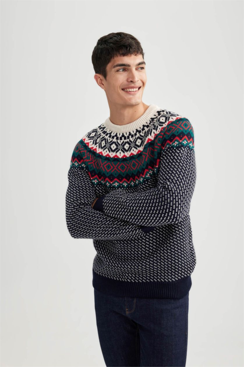 رجالي كحلي بلوفر تريكو قصة عادية بطبعة كريسماس
