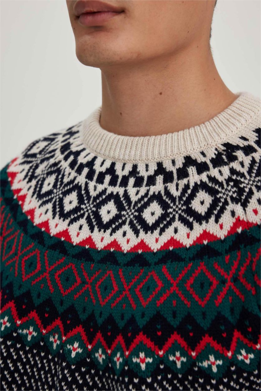 رجالي كحلي بلوفر تريكو قصة عادية بطبعة كريسماس