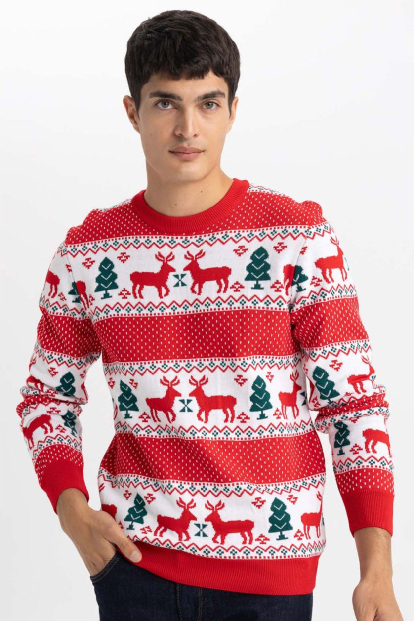 رجالي أحمر بلوفر تريكو قصة عادية بطبعة كريسماس