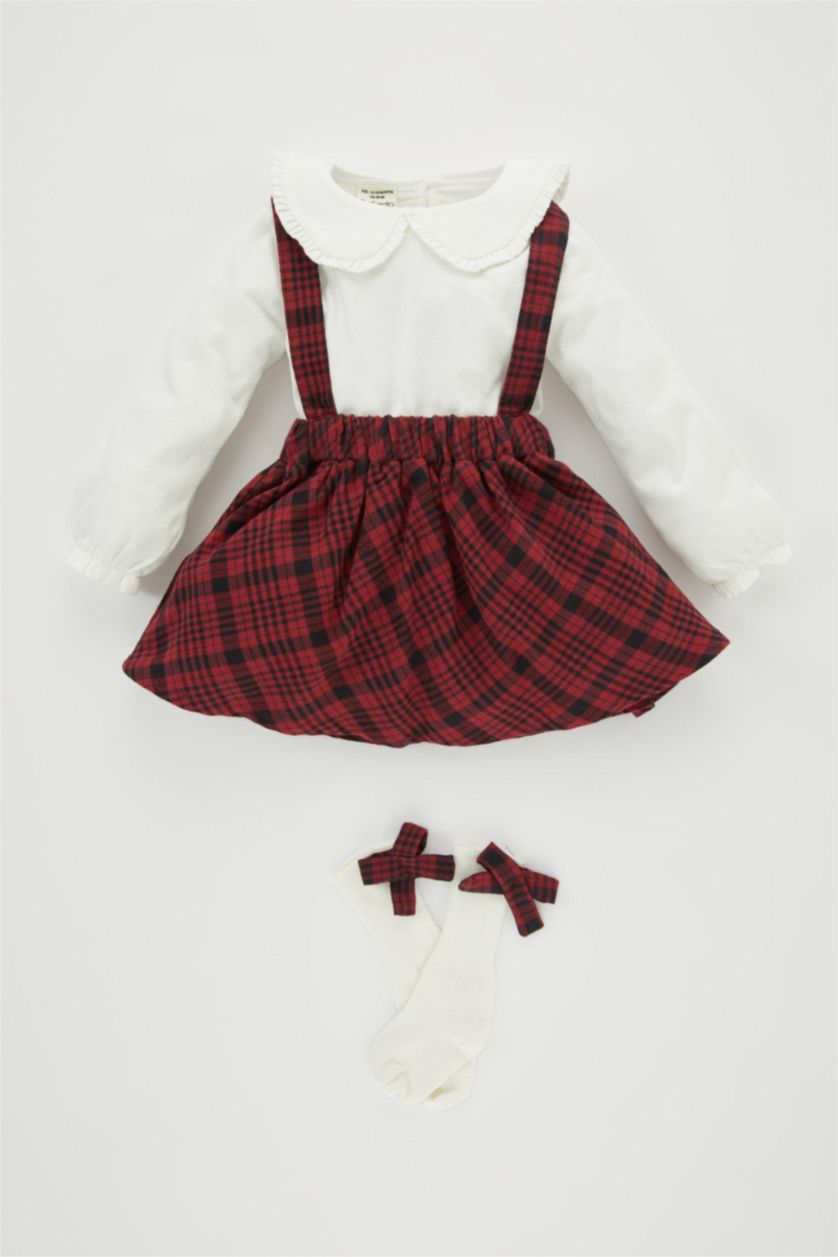 BABY GIRL Bordeaux 3 piece Regular Fit Baby Collar Plaid Dress Set